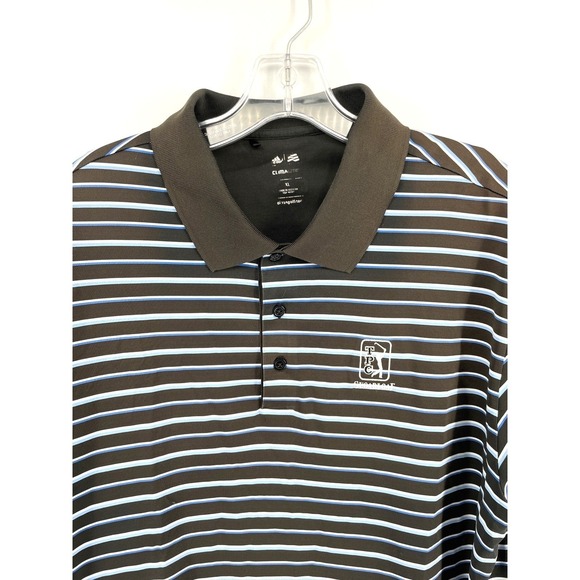 Adidas ClimaLite Mens XL Golf Polo Shirt TPC Sugarloaf Striped Brown Blue White - Picture 2 of 8